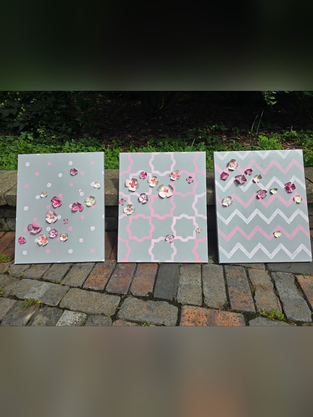 Hand Painted Floral Pink & Gray 3-Piece Wall Art Decor 3 Dimensional Flowers